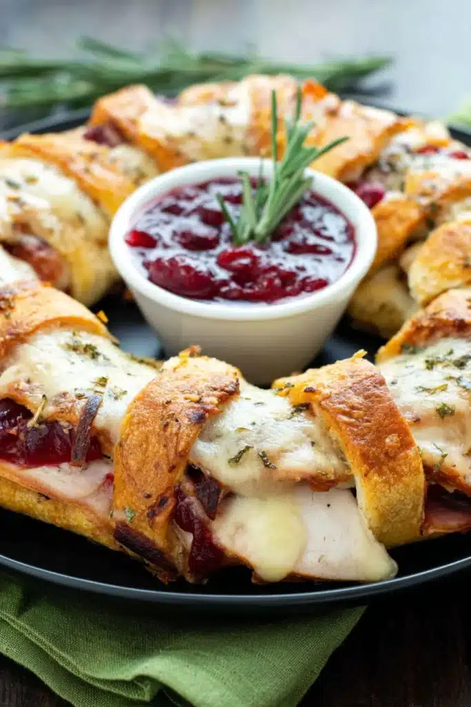 Turkey Cranberry Crescent Ring. Close-up of baked crescent roll with turkey, cranberry sauce, and melted cheese.