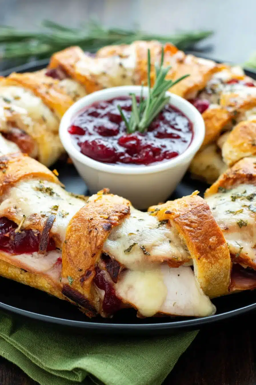 Turkey Cranberry Crescent Ring. Close-up of baked crescent roll with turkey, cranberry sauce, and melted cheese.