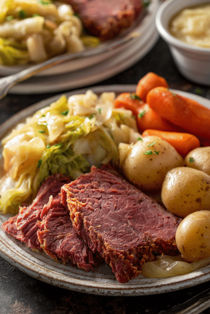 corned beef and cabbage dinner with carrots and potatoes on a white plate