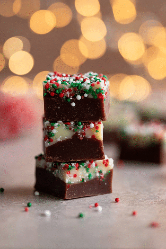 Stack of Christmas fudge. Holiday fudge recipe with chocolate, white chocolate, and festive sprinkles.