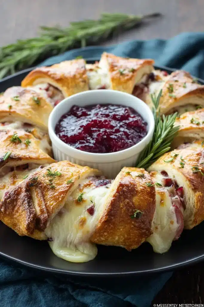Turkey cranberry crescent ring with cheese and cranberry sauce