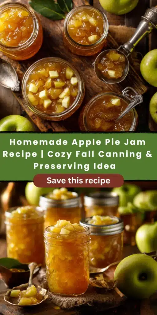 Apple Pie Jam recipe. Jars of homemade apple jam for canning. Fall preserving idea.