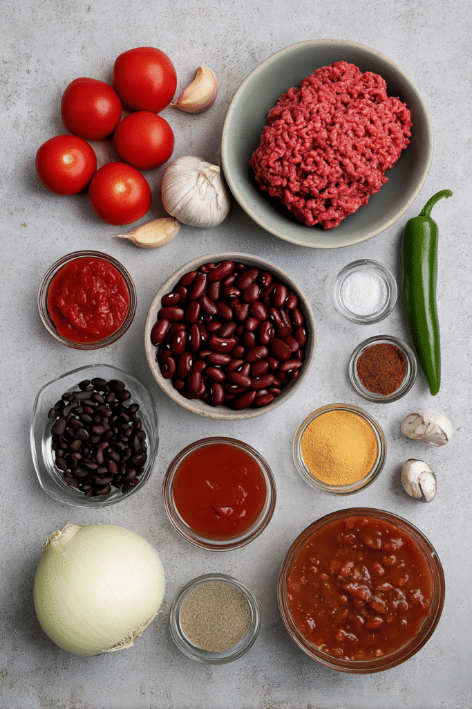 flat lay of chili ingredients including ground beef beans tomatoes spices and onion