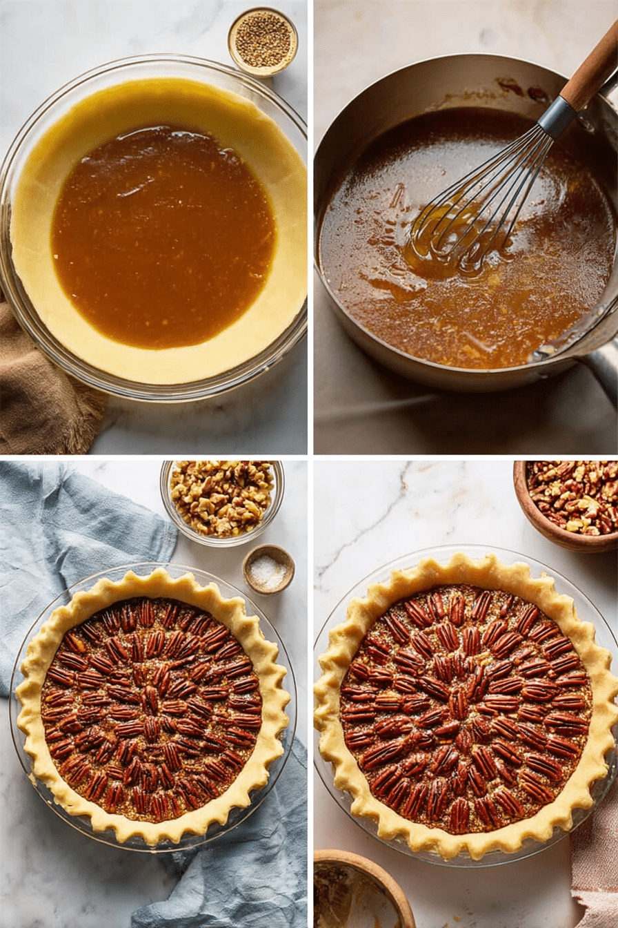 Homemade pecan pie recipe steps. Pie crust, filling being stirred, and baked pecan pie.