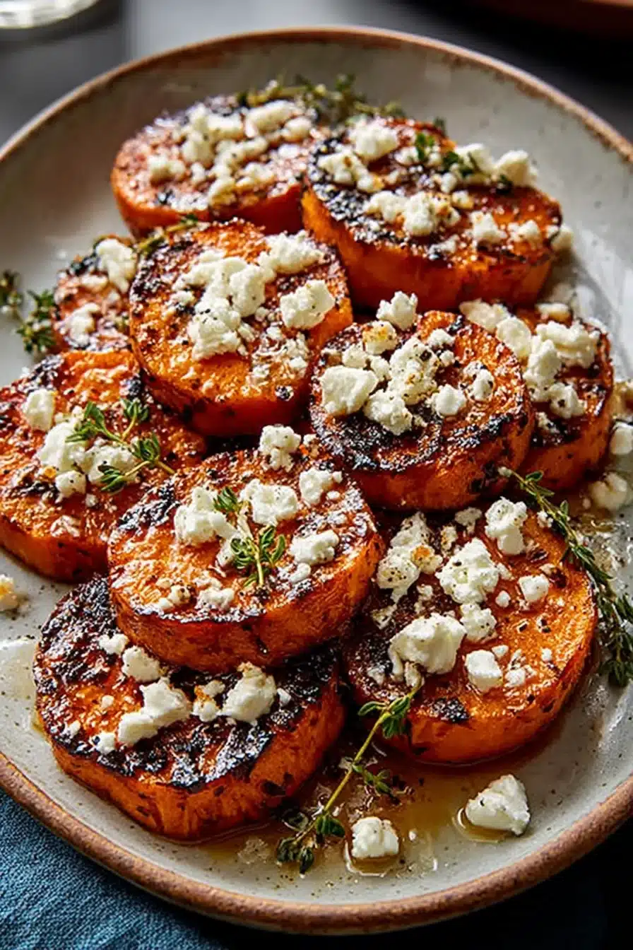 Honey feta sweet potato rounds with caramelized edges and fresh thyme