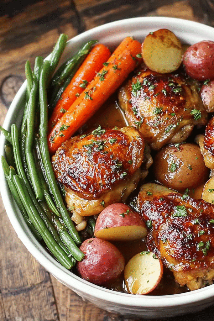 Honey garlic chicken with carrots, green beans, and potatoes in a bowl