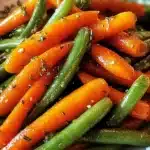 honey glazed carrots and green beans served on vintage plate