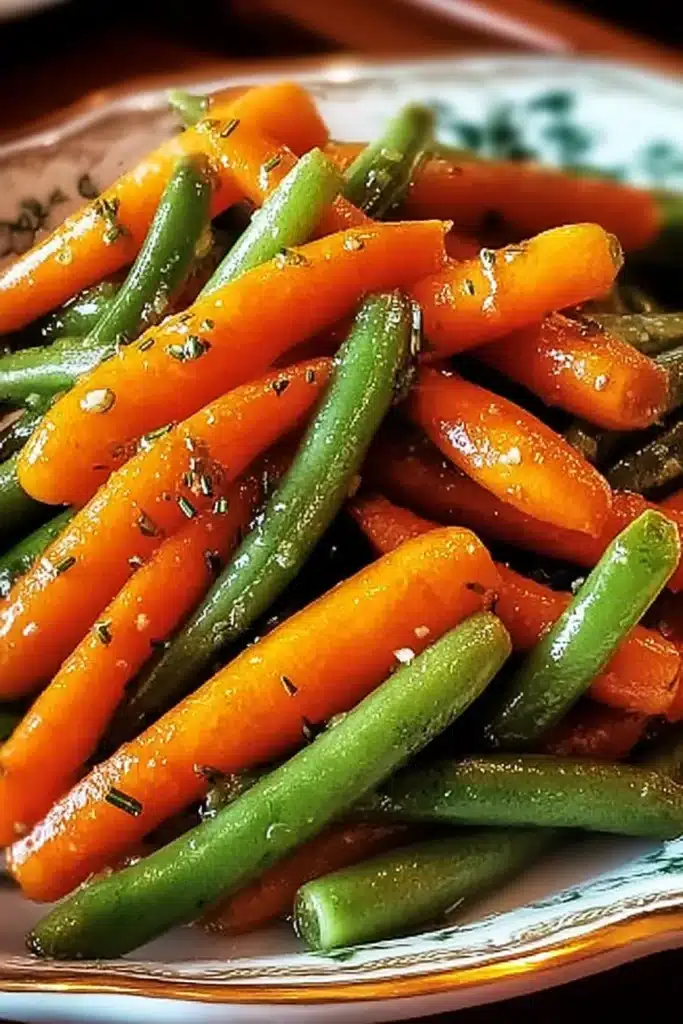honey glazed carrots and green beans served on vintage plate