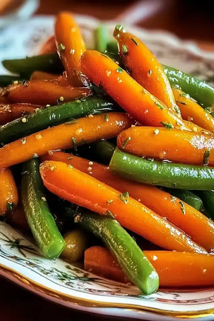 honey glazed carrots and green beans served on vintage plate