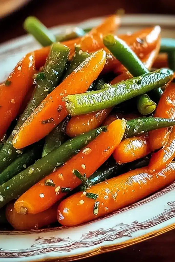 honey glazed carrots and green beans served on vintage plate