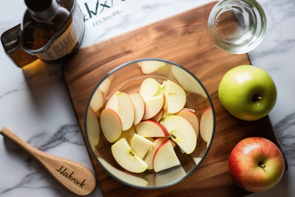 Red apple slices soaking in a measuring cup of water with sea salt, Maldon salt box and apple on wooden board