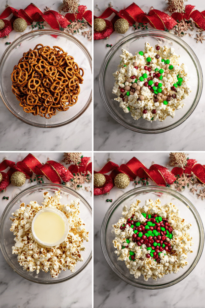 decorating christmas popcorn with sprinkles on baking tray