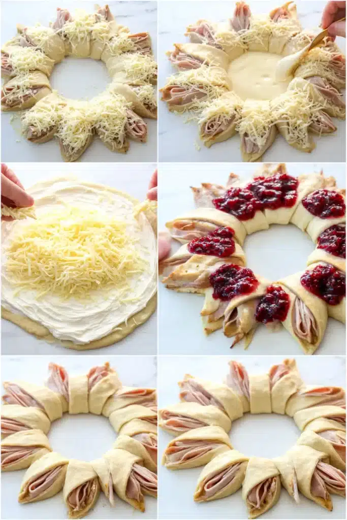 How to make a turkey cranberry crescent ring. Crescent roll ring with turkey, cheese, cream cheese, and cranberry sauce.