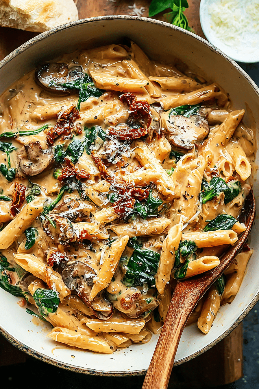 indulgent one pot creamy sun-dried tomato pasta with penne and mushrooms