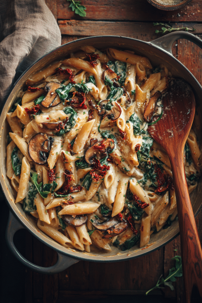 indulgent one pot creamy sun-dried tomato pasta with mushrooms and spinach