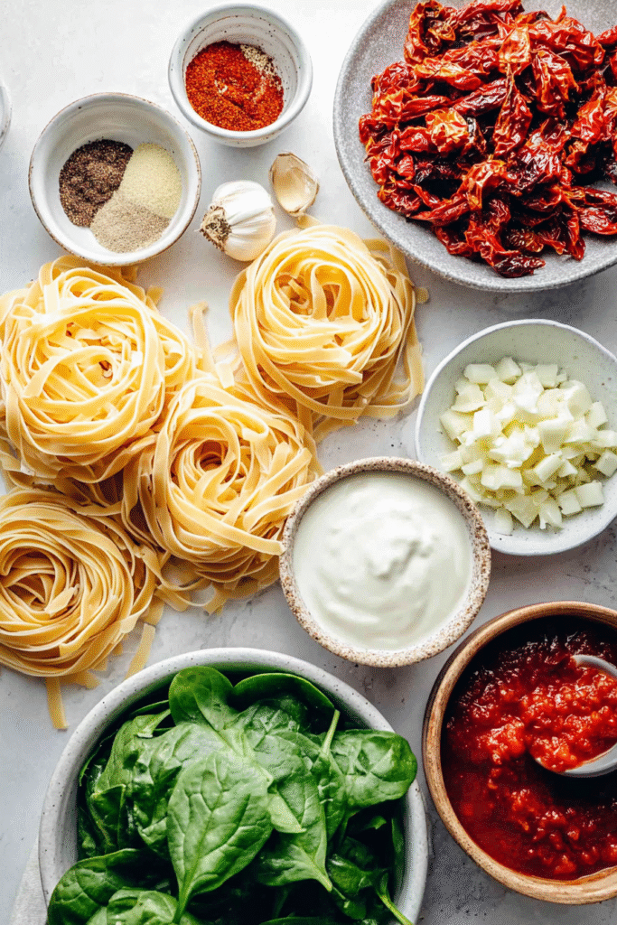 creamy sun-dried tomato pasta ingredients flat lay