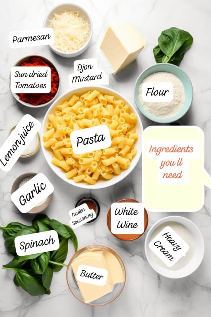 Overhead view of labeled ingredients for Tuscan chicken pasta including rigatoni, spinach, heavy cream, sun-dried tomatoes, parmesan, garlic, butter, flour, white wine, lemon juice, dijon mustard, and Italian seasoning.