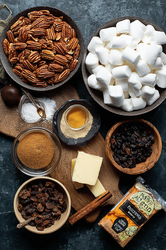 Ingredients for southern maple sweet potato casserole including marshmallows pecans and vanilla