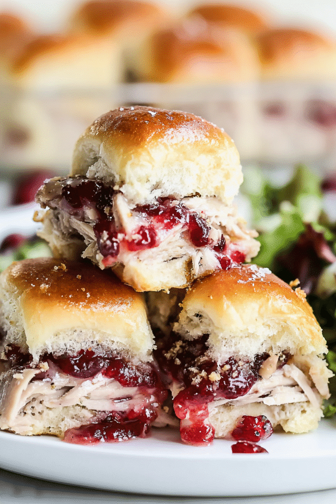 Stacked turkey cranberry sliders with melted cheese and glossy buns