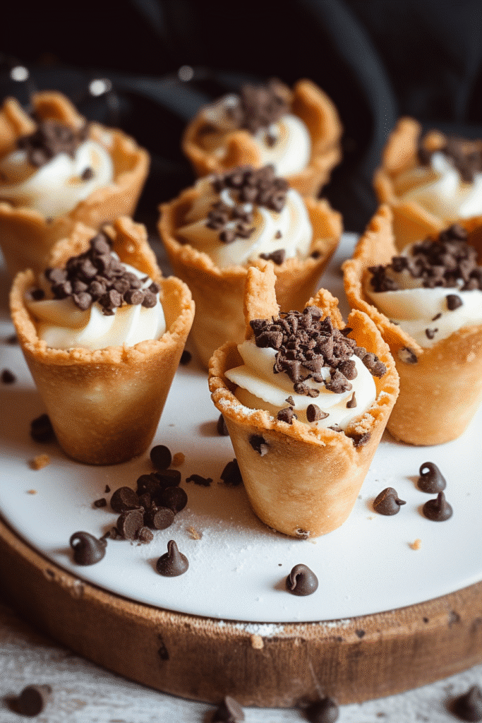 Mini cannoli cups with ricotta filling and chocolate chips arranged on a white plate