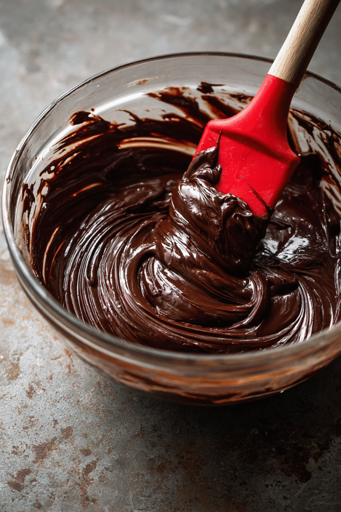 Mixing chocolate for Christmas fudge recipe. Red spatula in bowl of melted chocolate.