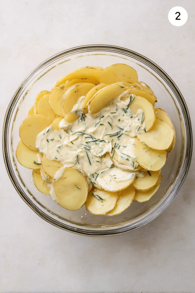 sliced potatoes with creamy sauce in glass mixing bowl