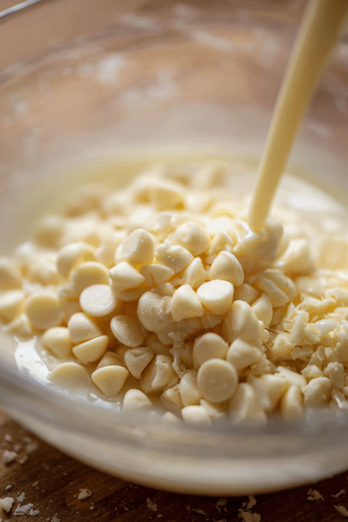 White chocolate chips and liquid being mixed in a bowl for Christmas fudge recipe.