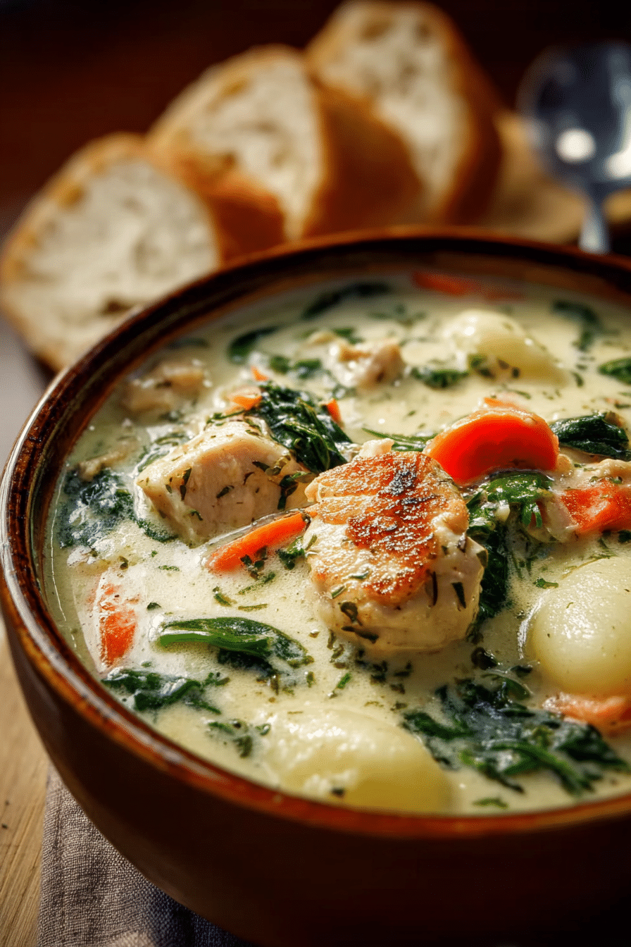 Olive Garden Chicken Gnocchi Soup. Creamy soup with chicken, gnocchi, spinach, and carrots in a rustic bowl with bread in the background.