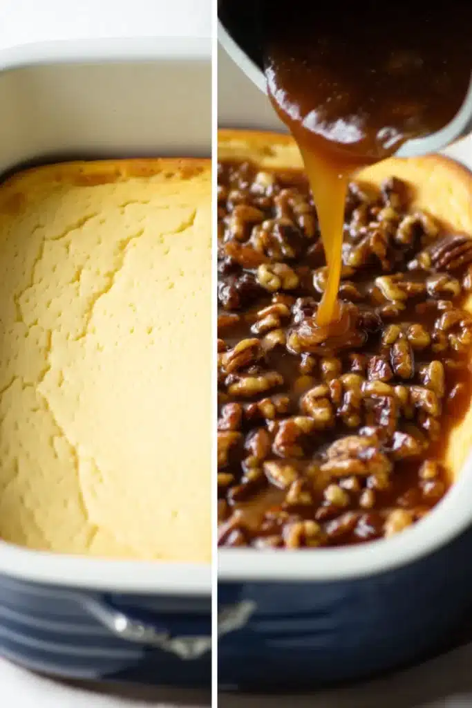 Pecan pie cheesecake bars. Side-by-side images of cheesecake and caramel pecan topping being poured.
