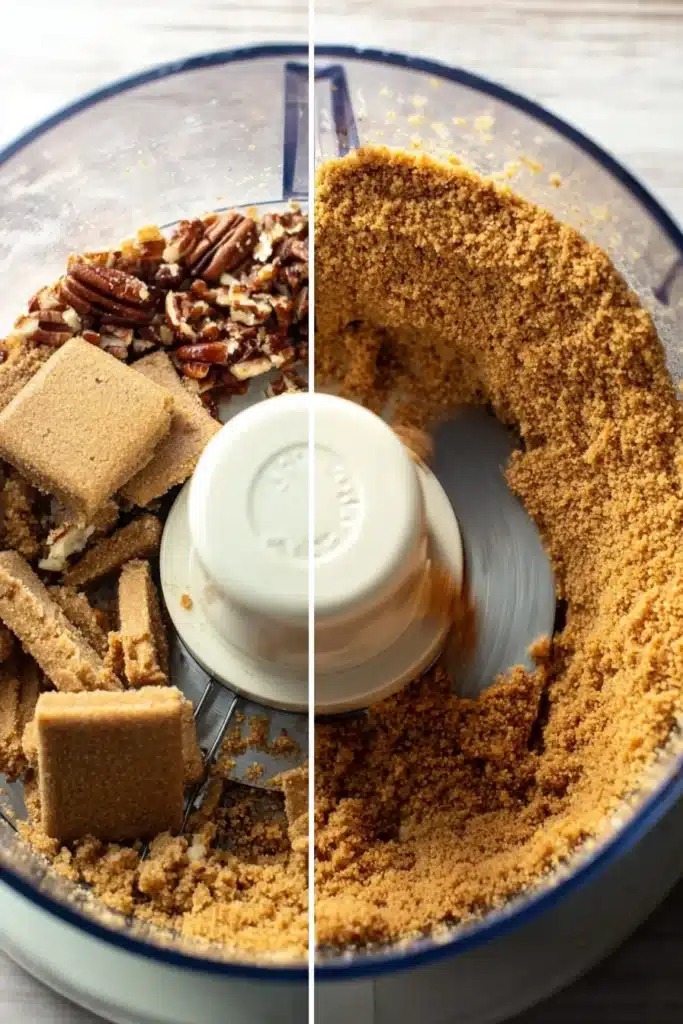 Pecan pie cheesecake crust prep. Food processor with graham crackers and pecans being pulsed into crumbs.