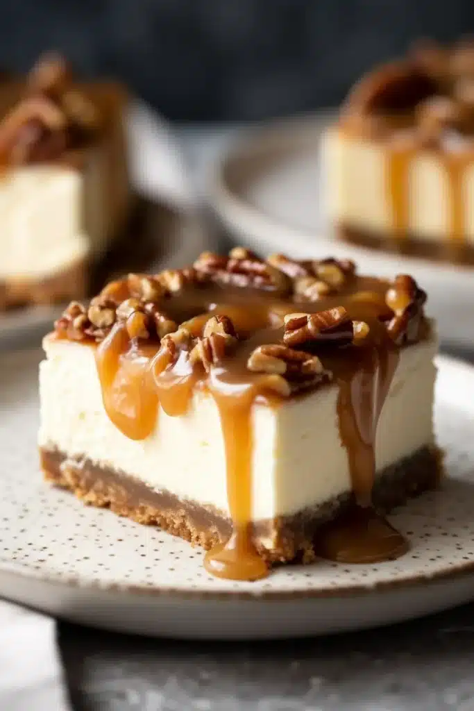pecan pie cheesecake topped with caramel pecans and whole pecans