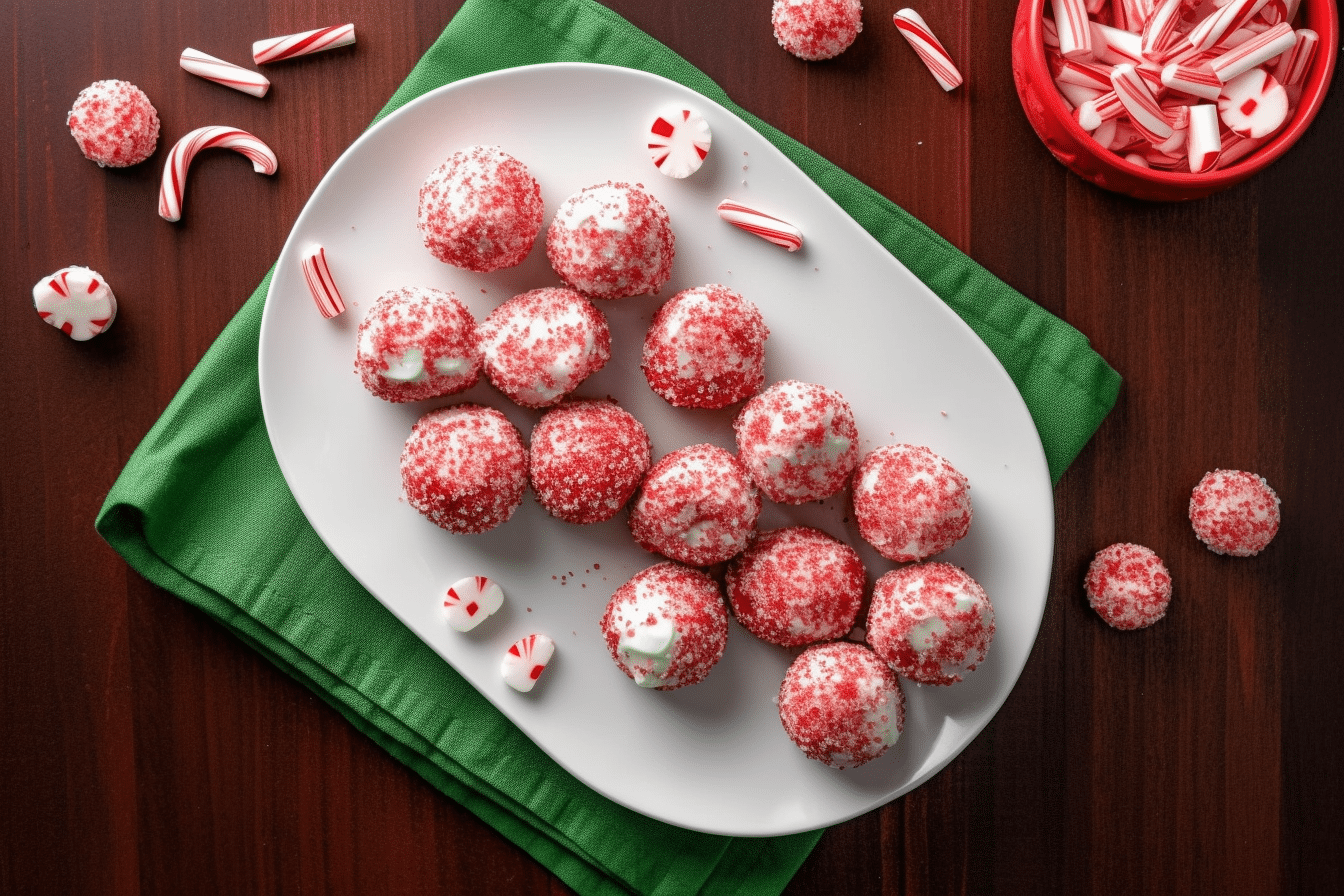 Peppermint Oreo Balls coated in crushed candy canes on a white tray with peppermint candies on a wooden table.