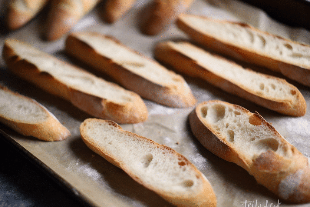Slices of fresh baguette on a parchment-lined baking sheet ready for toasting