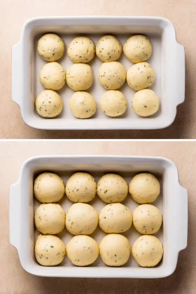 Proofing garlic bread rolls dough in a baking dish. Homemade garlic bread rolls recipe.