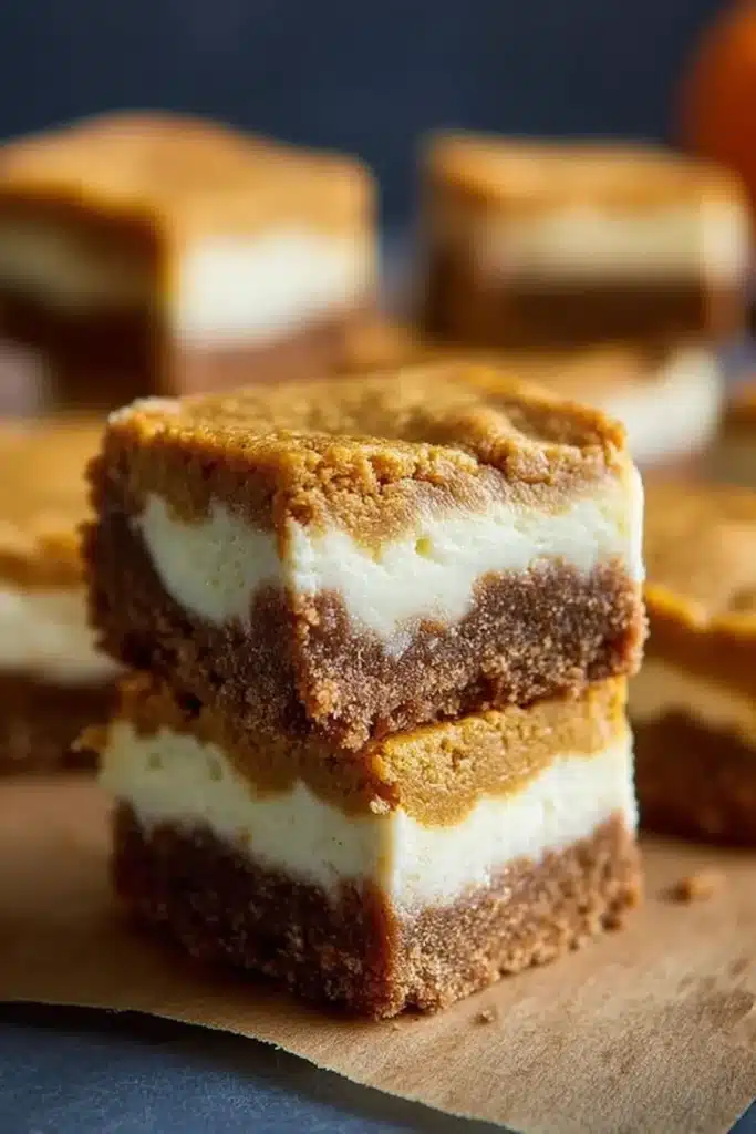 Stacked pumpkin cream cheese bars. Delicious fall dessert recipe.