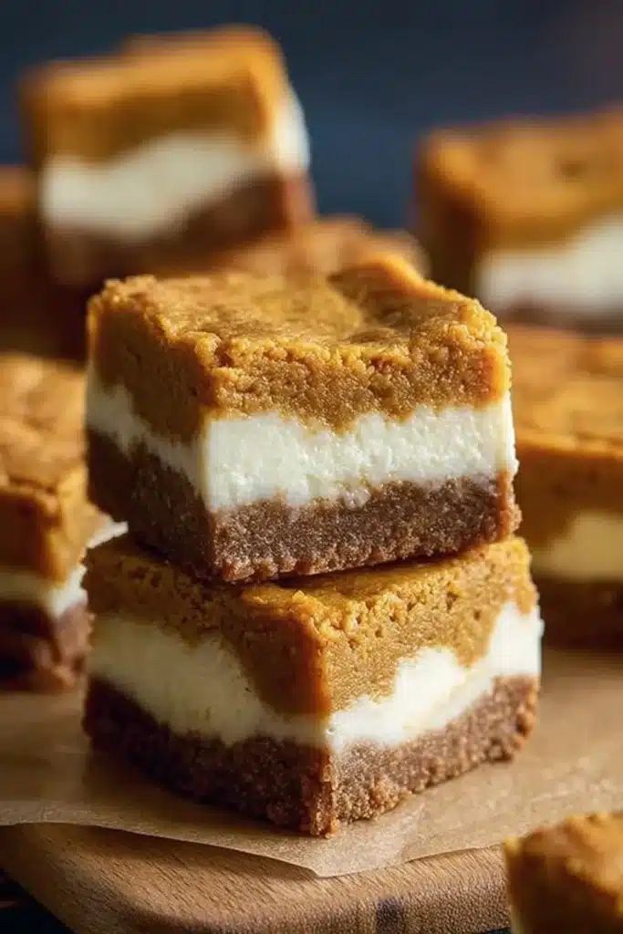 Stacked pumpkin cream cheese bars. Delicious fall dessert with a creamy filling and pumpkin spice flavor.