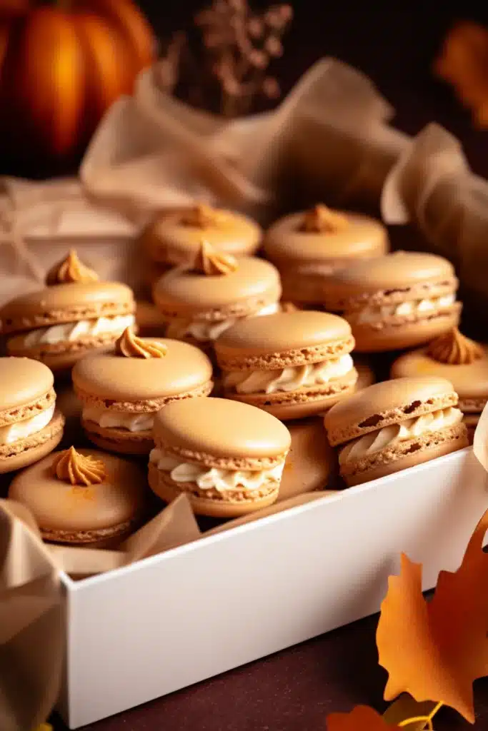 Pumpkin Pie Macarons filled with creamy spiced pumpkin buttercream, perfect fall dessert