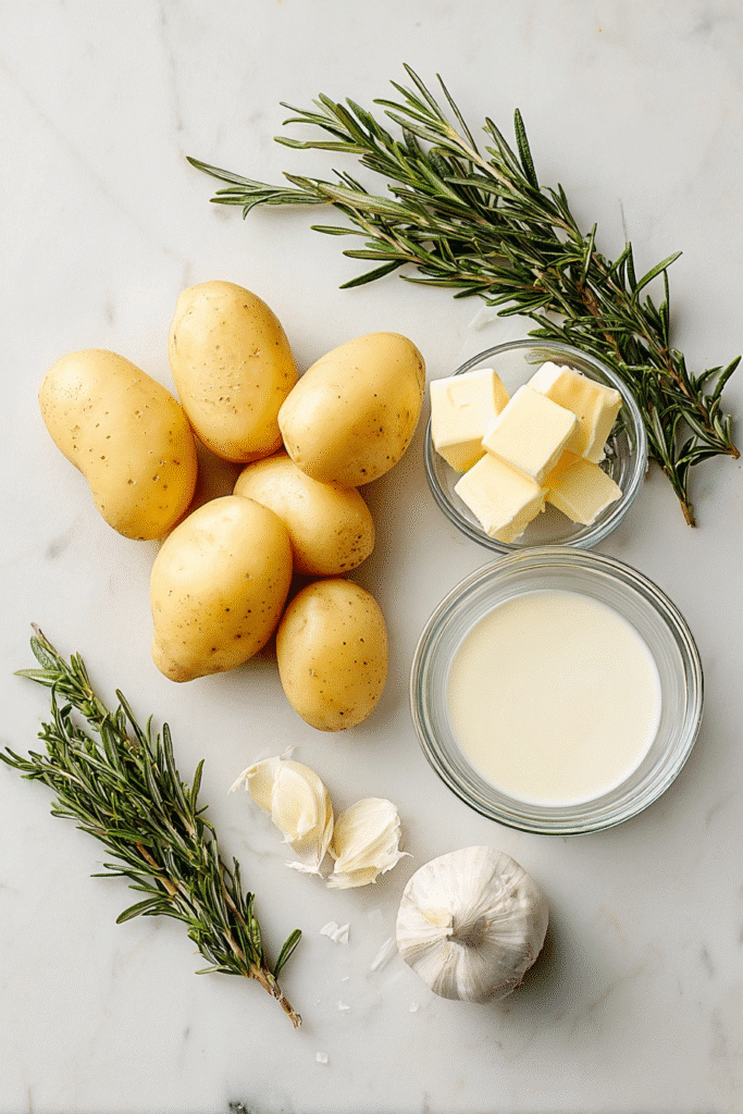 ingredients for rosemary garlic mashed potatoes on white marble background
