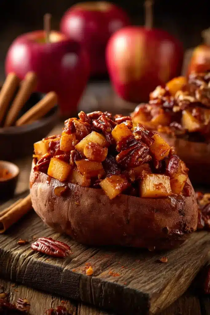 Apple spiced stuffed sweet potatoes topped with glazed pecans and cinnamon apples