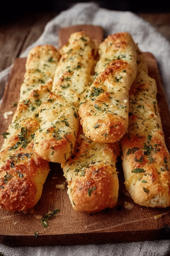 Rustic garlic breadsticks with cheese and herbs on a wooden board