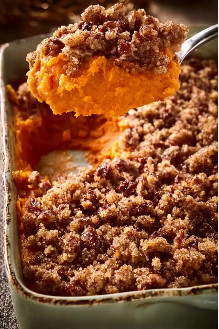 Sweet Potato Bake with pecan topping. Copycat recipe in baking dish with a spoonful being taken out.