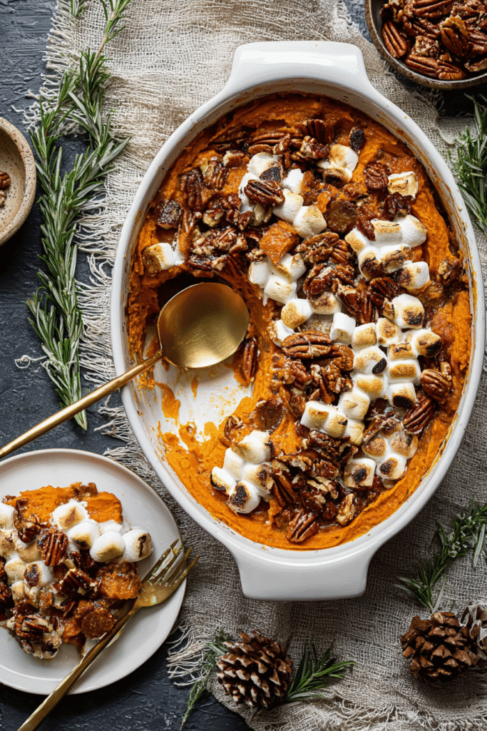 Southern maple sweet potato casserole served with toasted marshmallows and pecans