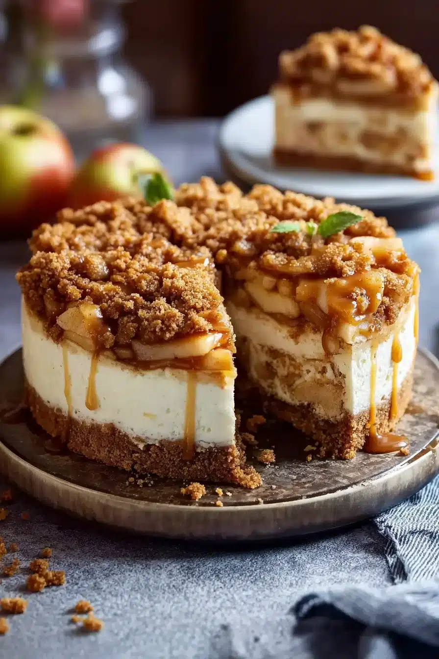 Sliced apple crumble cheesecake topped with cinnamon apples and brown sugar crumble