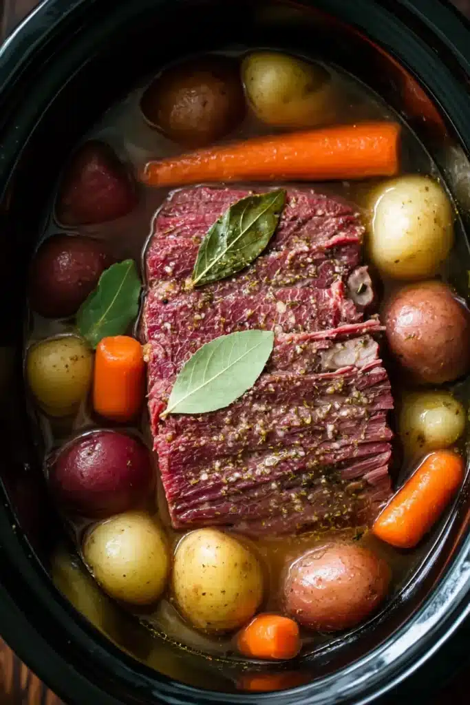 Slow cooker corned beef and cabbage. Close-up of cooked brisket with potatoes and carrots.