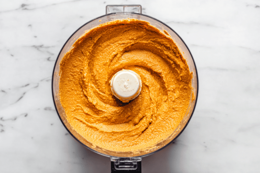 Fully blended creamy pumpkin hummus in a food processor