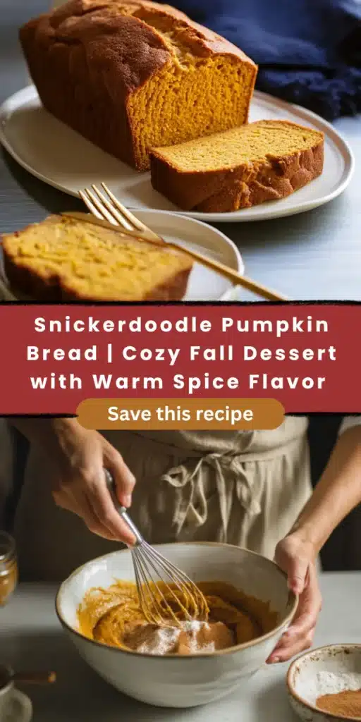 Snickerdoodle Pumpkin Bread. Fall dessert loaf, sliced on a plate. Baking batter with a whisk in a bowl. Cozy, warm spice flavor.