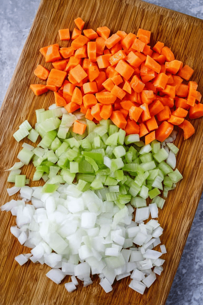 High Protein Broccoli Cheddar Soup prep: Diced carrots, celery, and onions on a wooden cutting board.