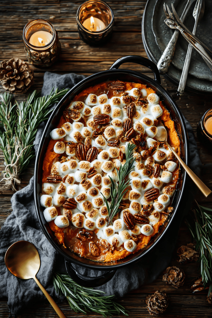 Southern maple sweet potato casserole with toasted marshmallows and pecans