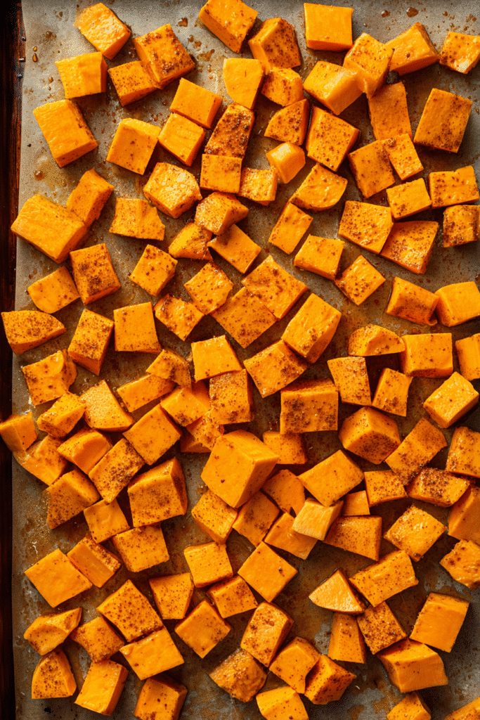 Cubed sweet potatoes seasoned for southern maple sweet potato casserole
