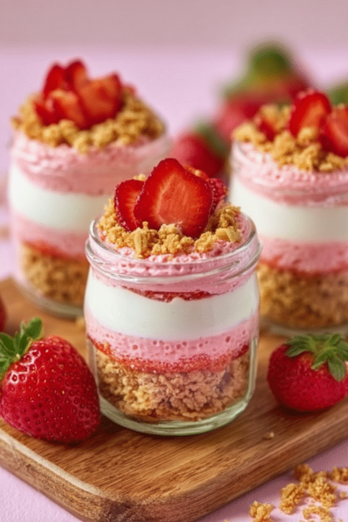 strawberry crunch cheesecake in jars with pink layers and fresh strawberries